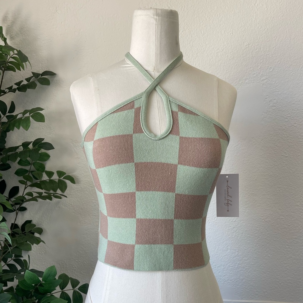 Mocha & Mint Checkered Halter Top – Y2K Vibes